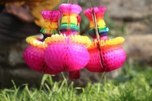 Vibrant paper lanterns hanging outdoors in Comilla, Bangladesh.